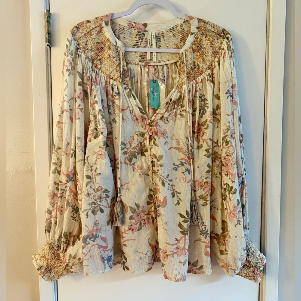 Anthropologie Long Sleeve Smocked Lurex Top